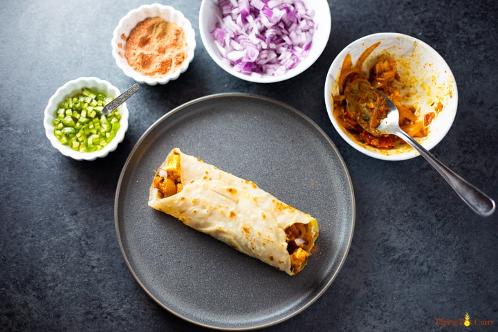 Paneer Frankie Recipe - Piping Pot Curry-2 Frankie rolled with paneer and toppings