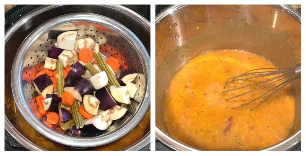Sambar instant pot steps with pot-in-pot veggies 