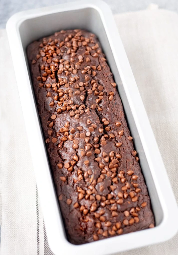 Double Chocolate Zucchini bread in a loaf pan