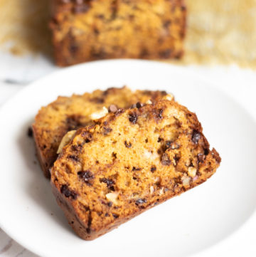 2 slices of Banana bread on a white plate