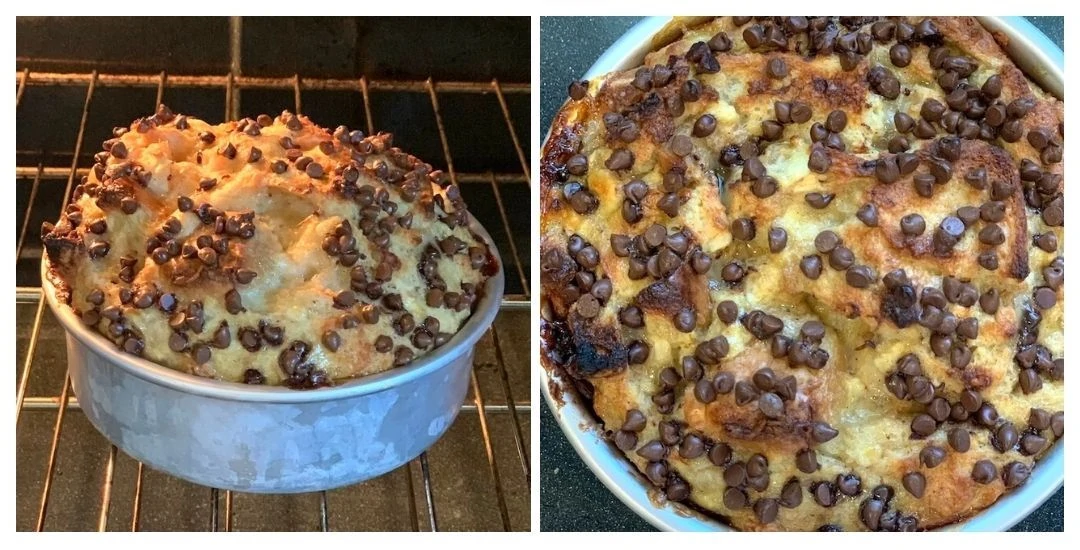 Banana Bread pudding topped with lots of chocolate chips in the oven