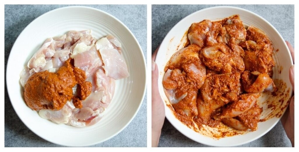 Chicken marinated with vindaloo spice paste 