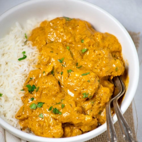 Chicken Curry with coconut milk in a white bowl