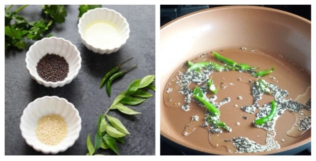 Tempering for Khaman with curry leaves, mustard and sesame seeds