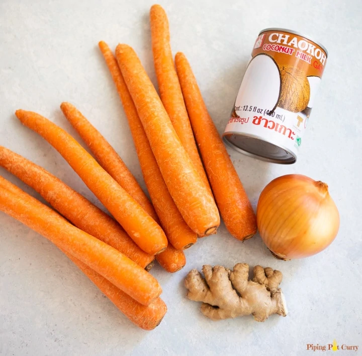 Ingredients such as carrots, onions, ginger and coconut milk