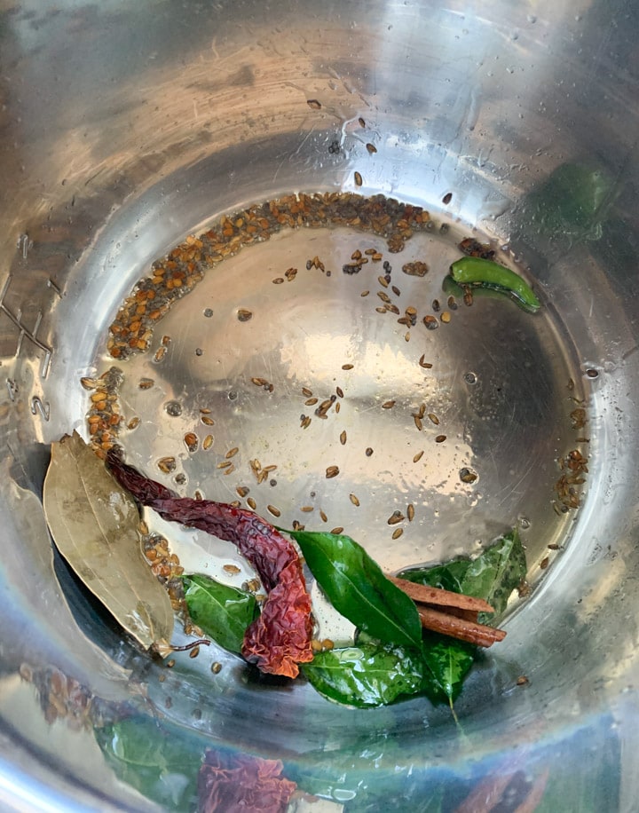 Gujarati Dal Instant Pot Steps - Piping Pot Curry-1 Red chili, mustard seeds and curry leaves tempering in the instant pot
