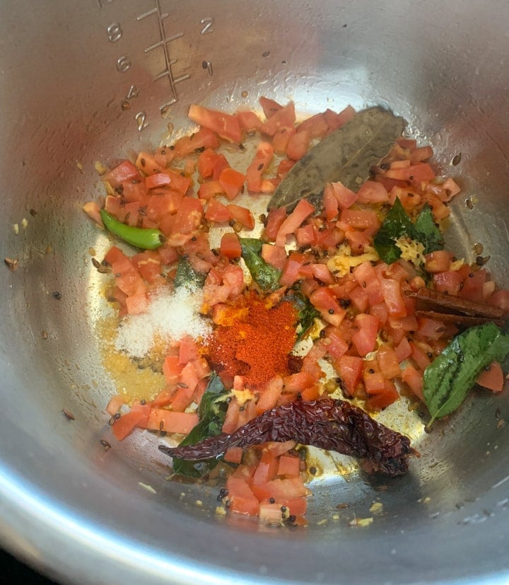 Gujarati Dal Instant Pot Steps - Piping Pot Curry-2 Spices and tomatoes with tempering in the instant pot