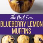 Two stacked blueberry muffins along with the muffins freshly baked in a baking pan