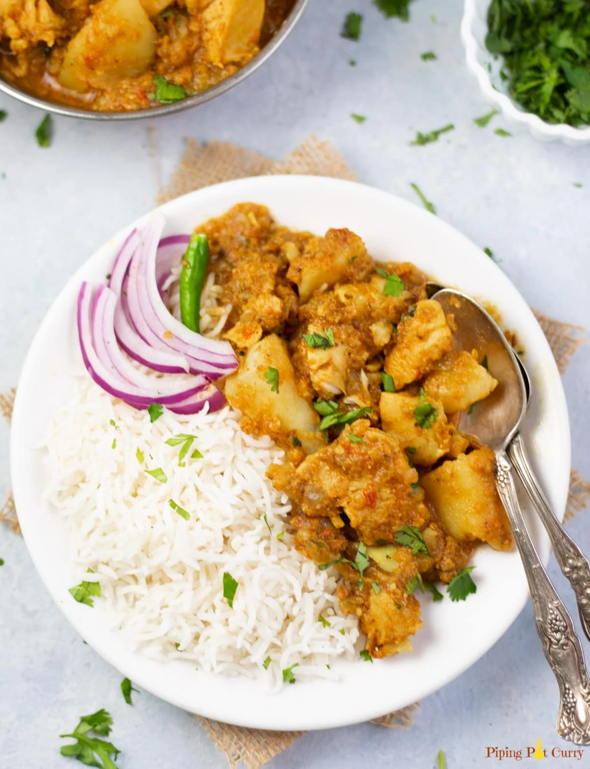 Chicken and potato curry with rice and red onions in a white plate 