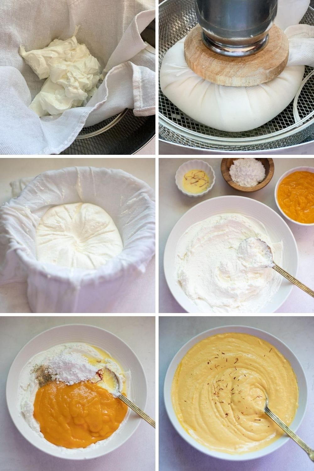 Collage for steps to make mango shrikhand with greek yogurt