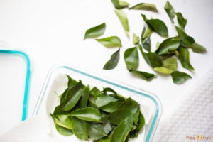 storing curry leaves in a pyrex box in a towel paper in refrigerator or freezer.