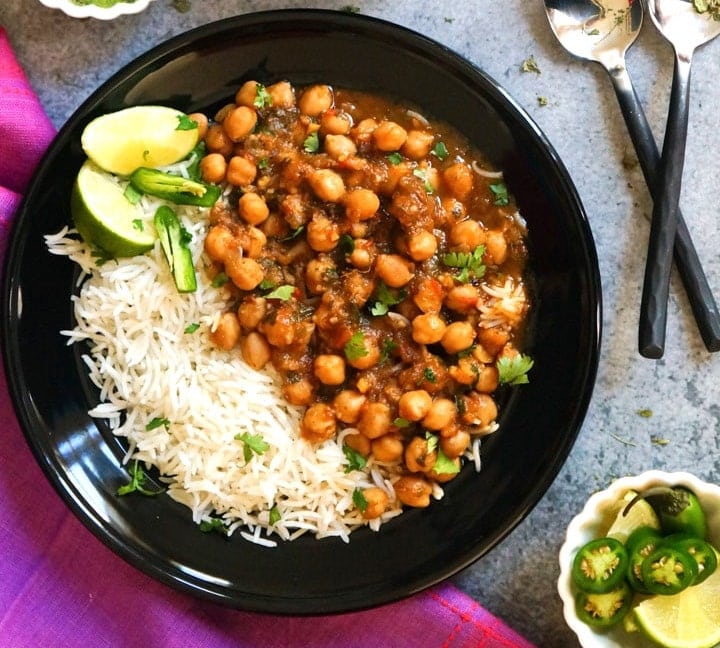 Chana Masala with rice served in a plate 