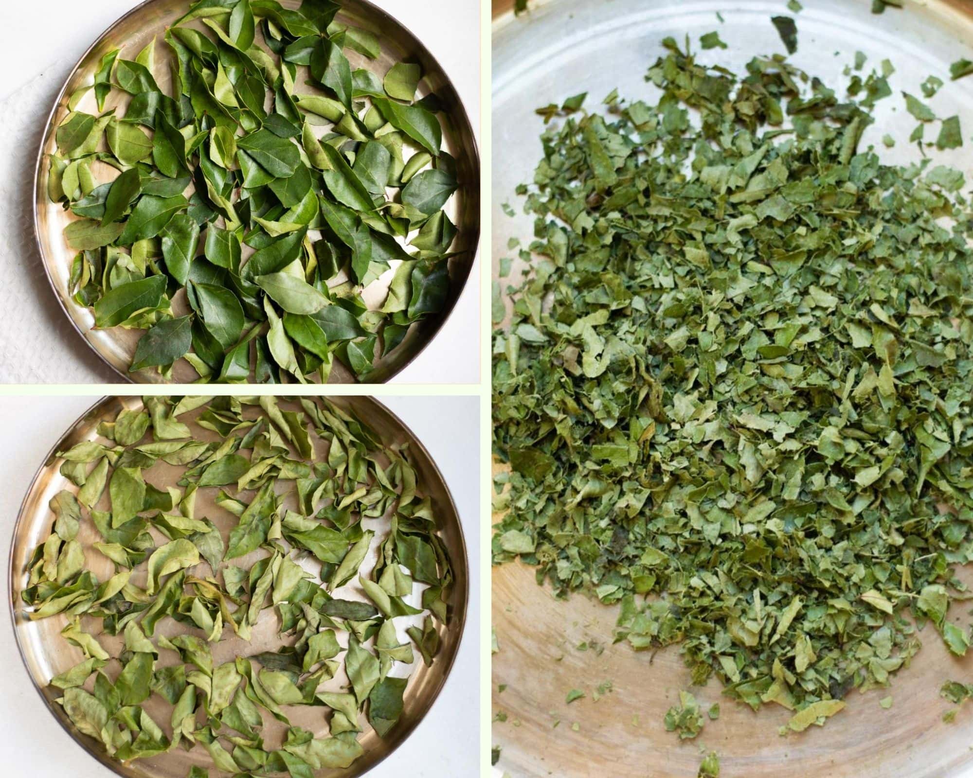 Collage showing how to dry curry leaves and crumble to a powder 