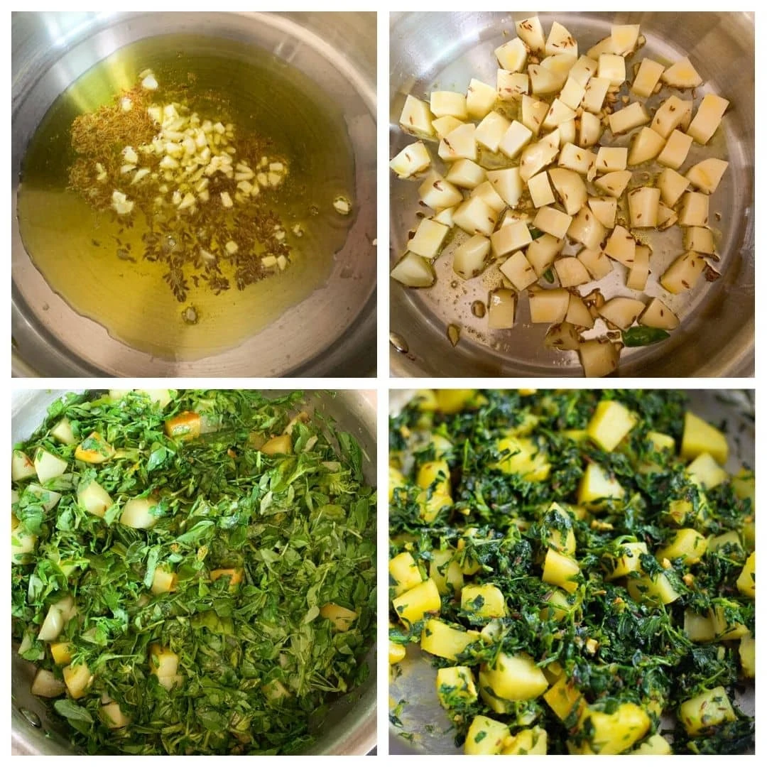 step by step image collage of Aloo Methi (potato fenugreek leaves stir fry)