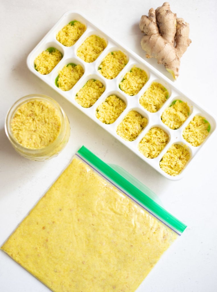 Ginger paste stored in a jar, ziplock and ice-cube tray