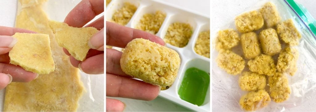 Frozen ginger paste in pieces, ice-cub trays and in a ziploc 