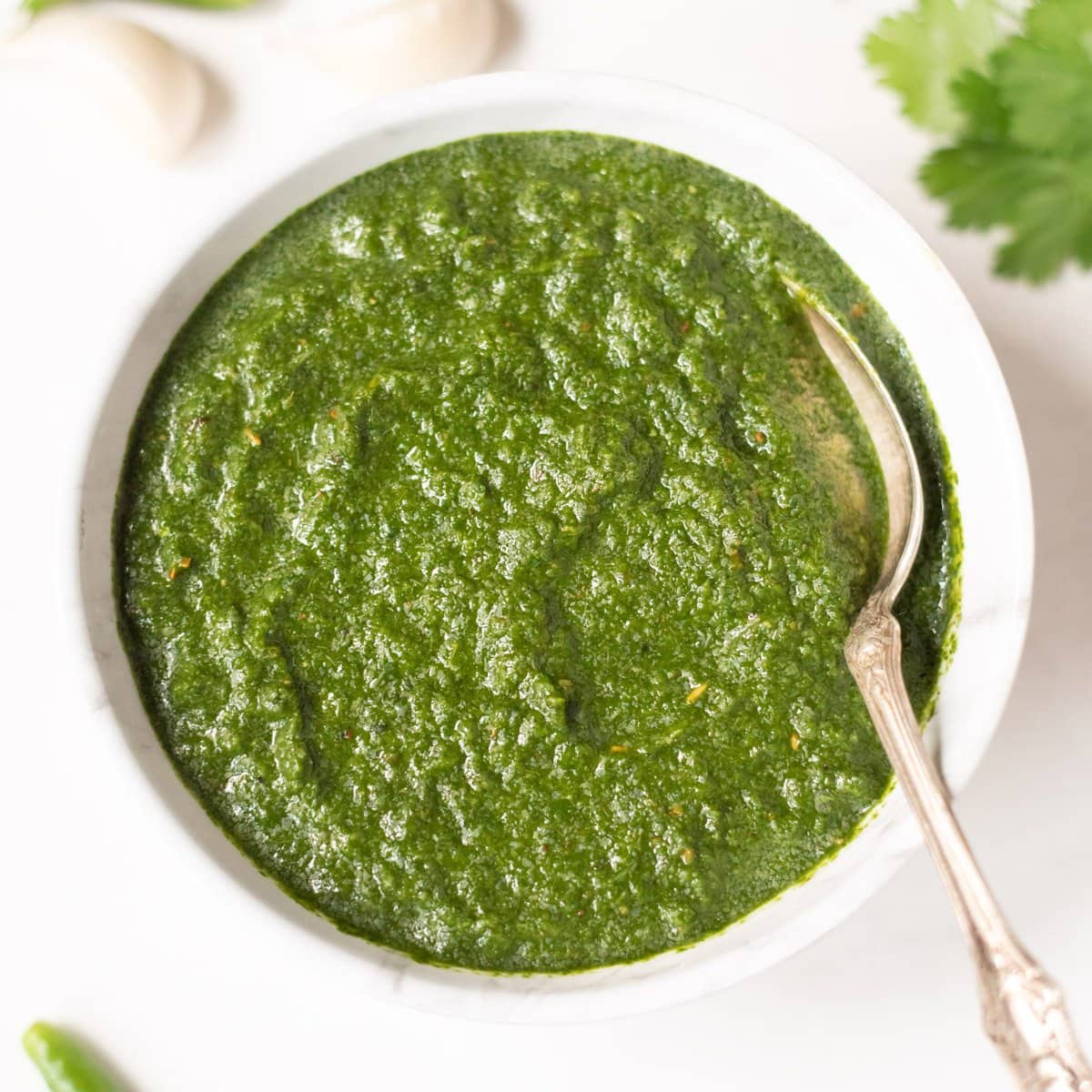 Green mint cilantro chutney in a bowl