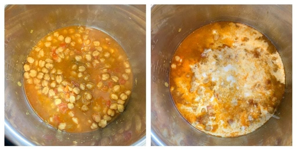 Coconut milk added to Cooked Chickpeas in the instant pot