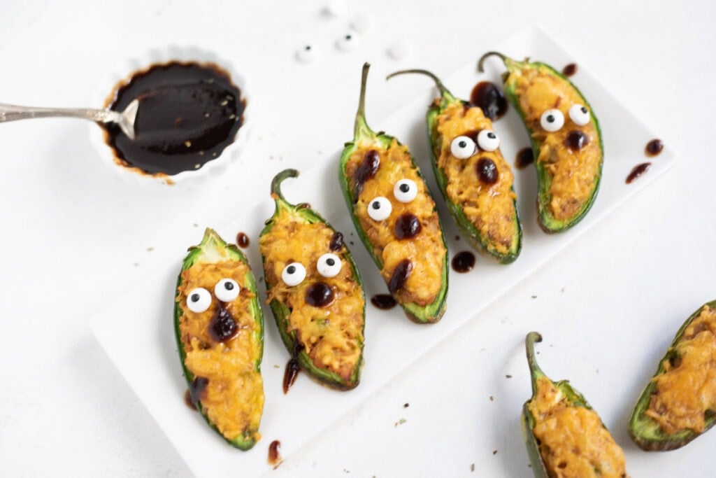 Googly eyed jalapeño poppers for Halloween appetizers for potluck