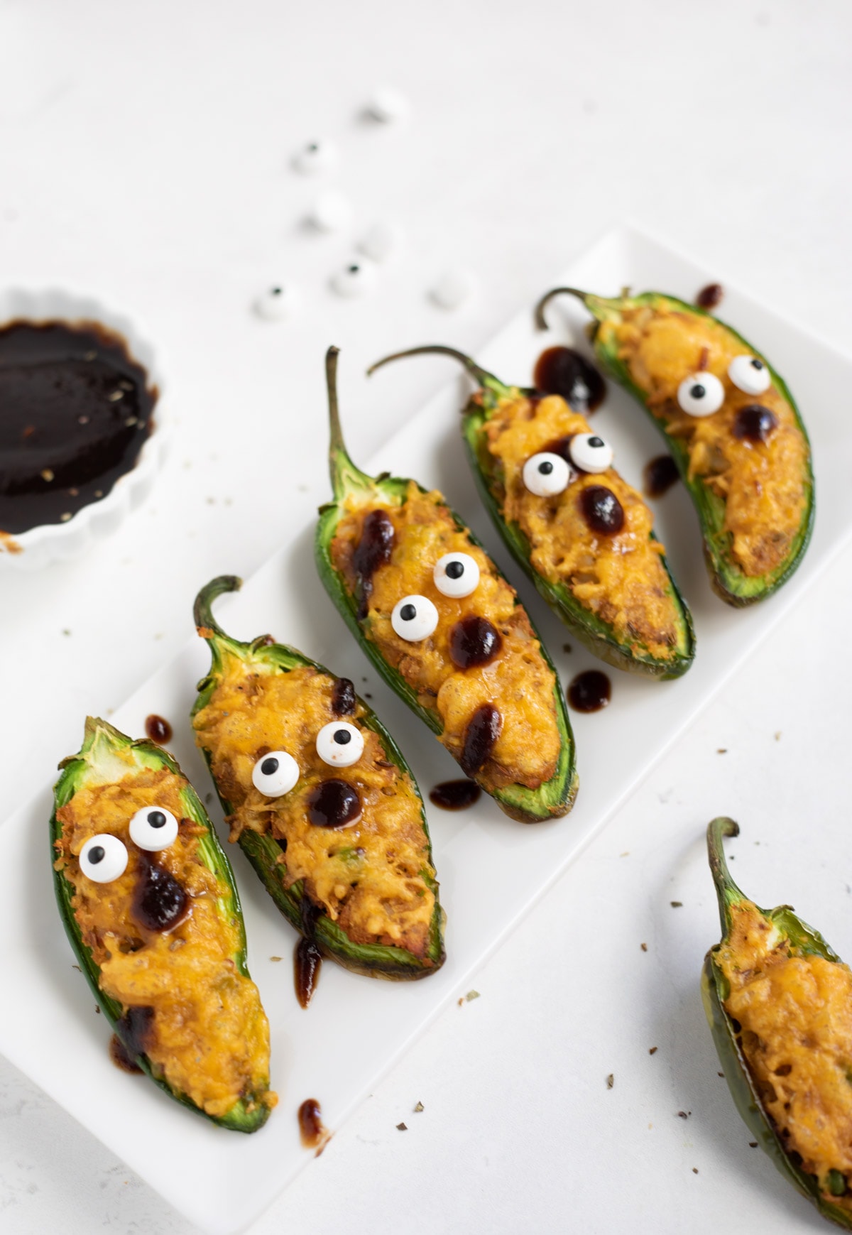 Cute halloween jalapeno poppers with eyes and nose