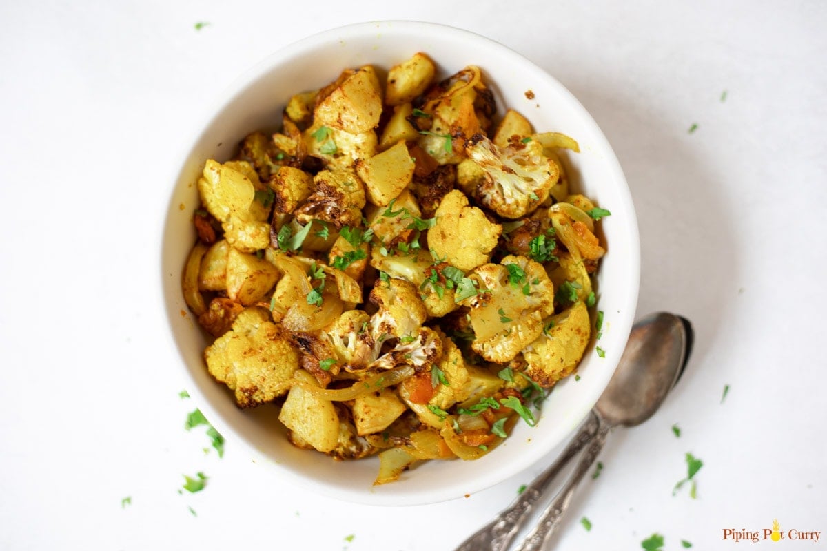 Indian Roasted Aloo Gobi (Potatoes and Cauliflower) in a bowl