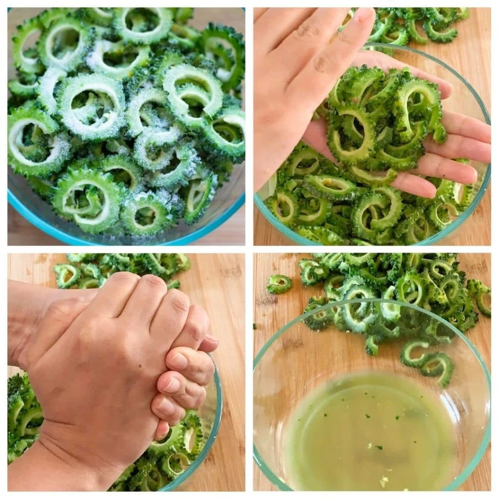 step by step to reduce bitterness of karela by applying salt and removing the liquid