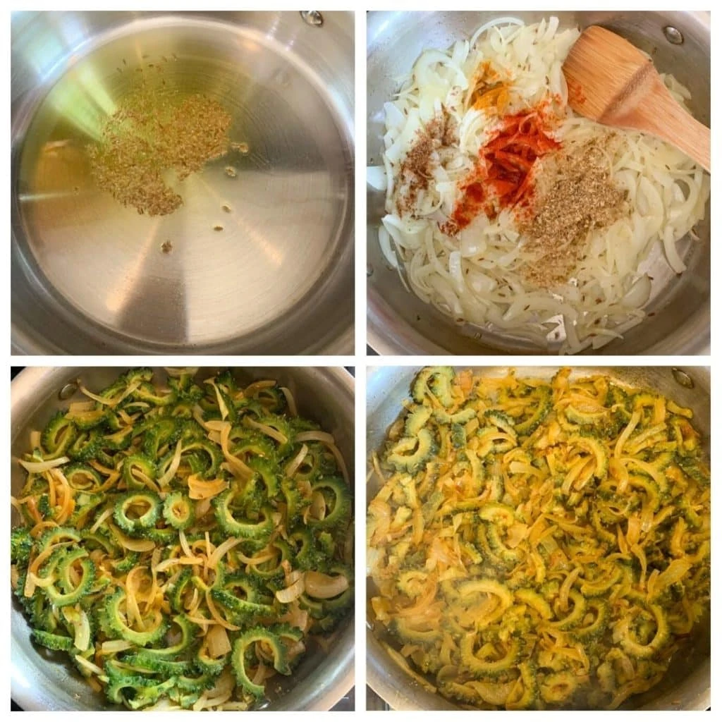 step by step to cook bitter melon (karela) in a pan with onions and spices