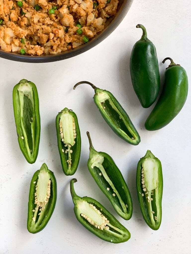 Jalapeños cut and deseeded