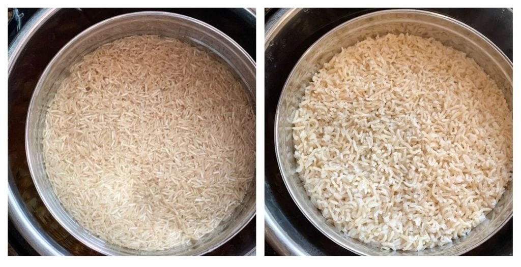 pot-in-pot brown rice being cooked in the instant pot