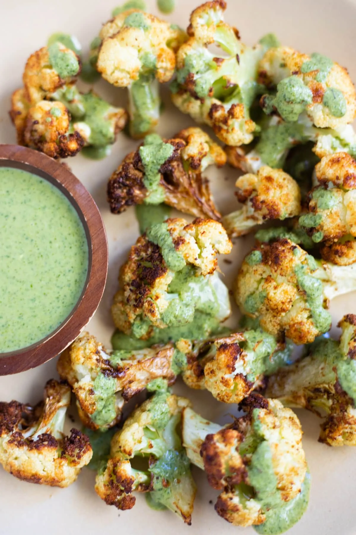 Air fryer Cauliflower topped with cilantro sauce 