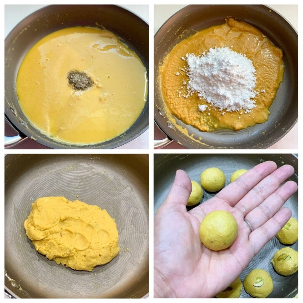 collage for steps to make besan ladoo