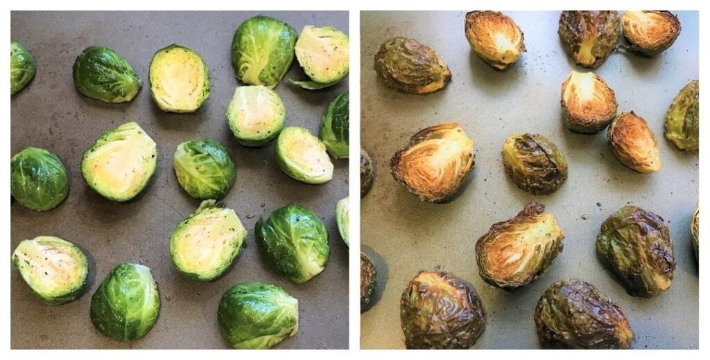 roasted Brussels sprouts in a sheet pan