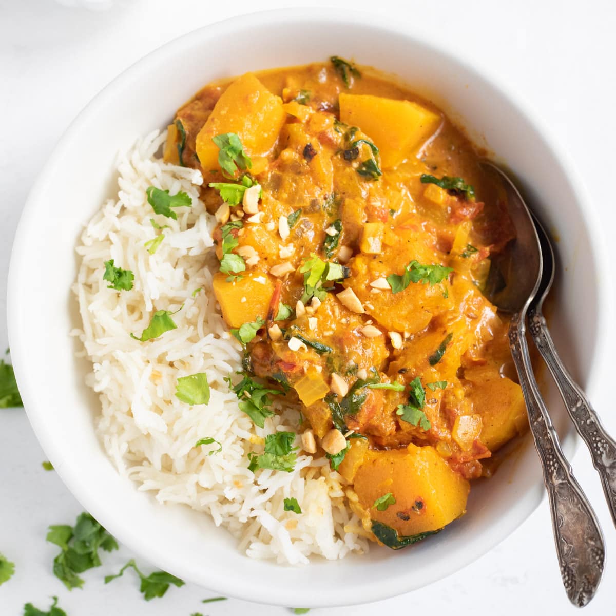 Butternut Squash Curry with spinach served over rice. Garnished with cilantro and peanuts