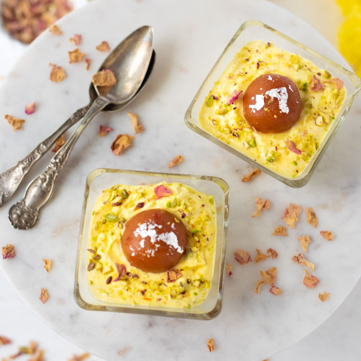 Gulab Jamin Shrikhand Bowls on a pretty marble base