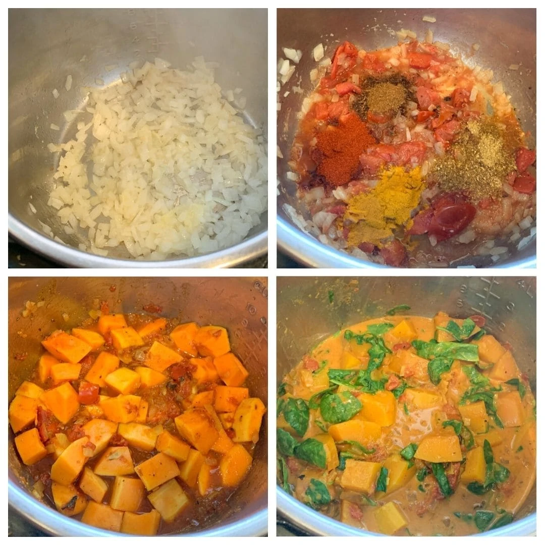 butternuts squash curry being made in the instant pot - step by step collage