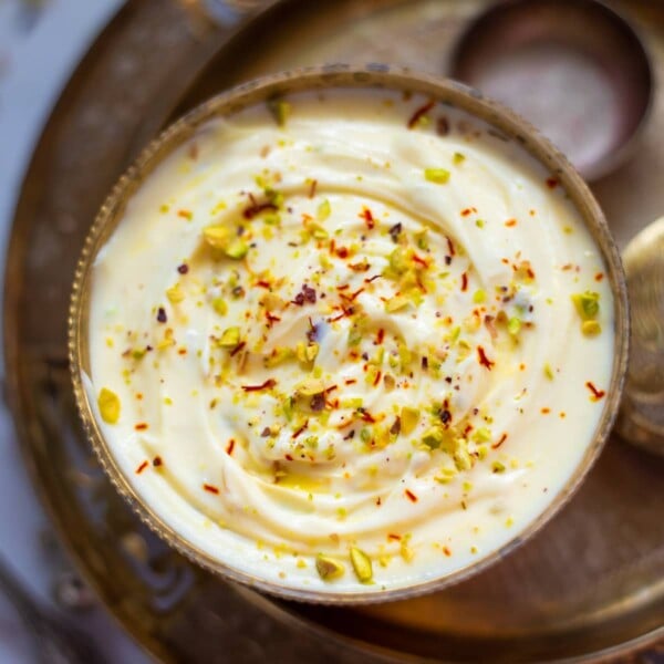 Kesar Elaichi Shrikhand (yogurt sweet) in a bowl