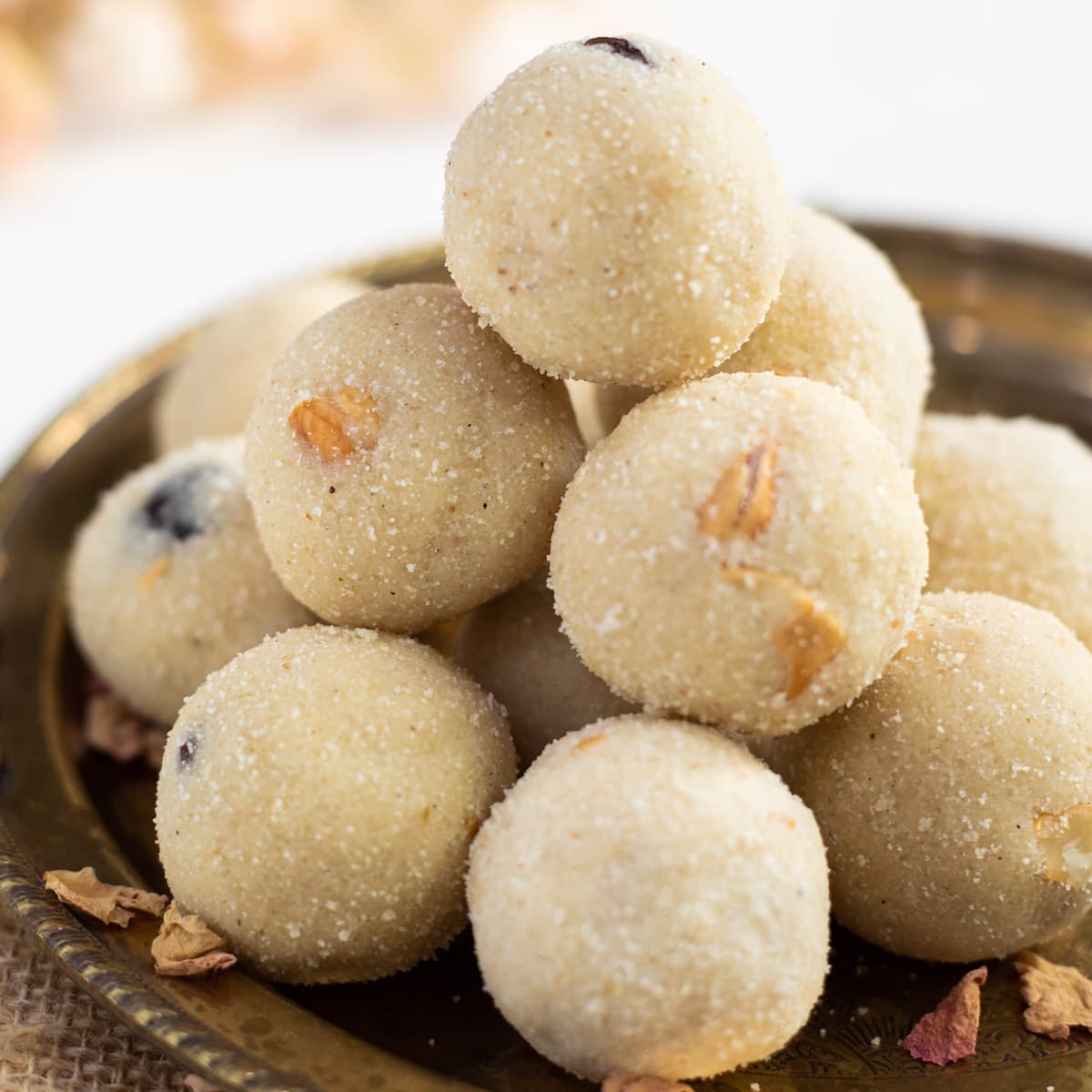 Rava Ladoo stacked in a pretty plate