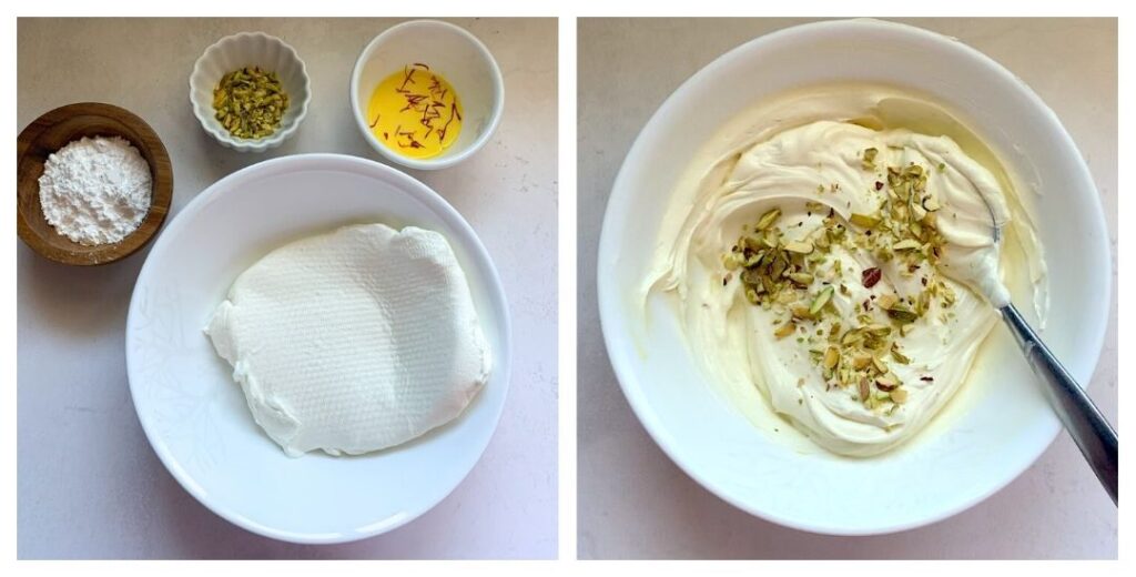 Making shrikhand with saffron, eleaichi and pistachios