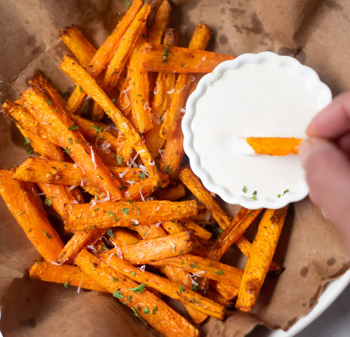 Roasted Carrots in a plate with a ranch dip