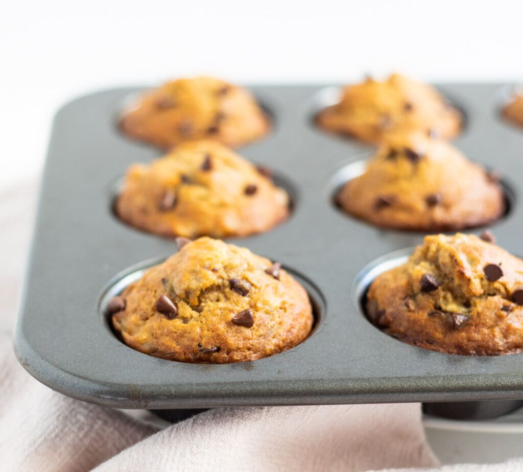 Muffins topped with chocolate chips in a muffin pan