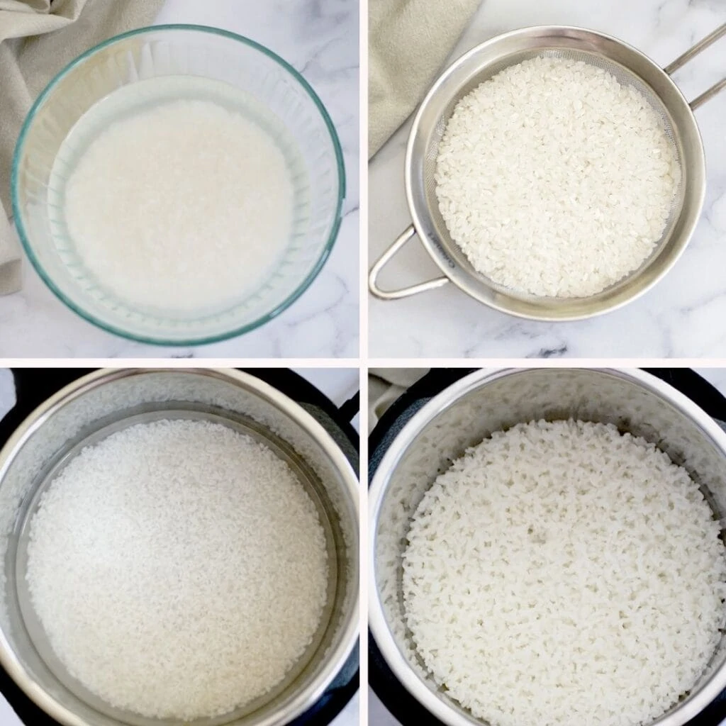 How to cook sushi rice step by step collage 