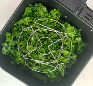 seasoned kale in air fryer covered with an air fryer rack
