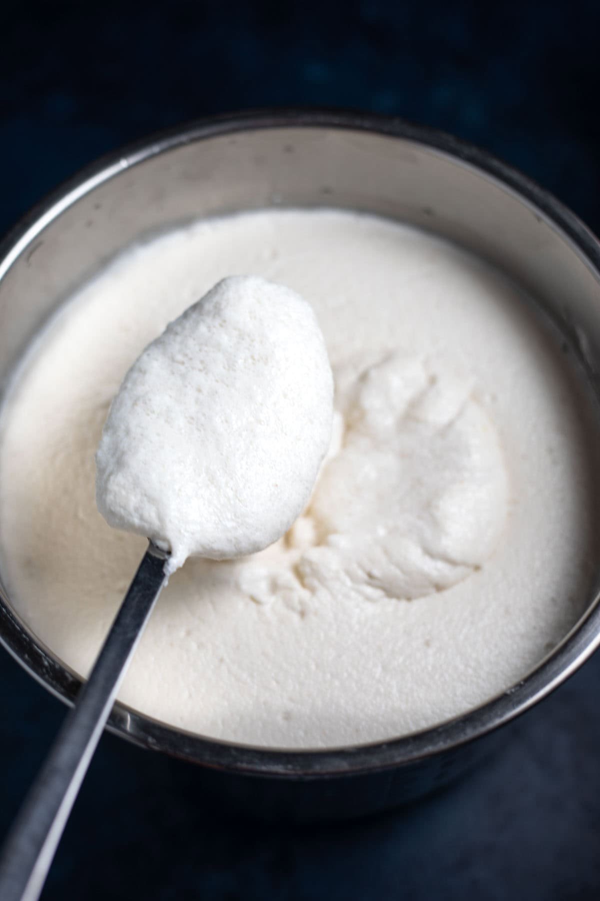 Perfectly fermented dosa batter in a ladle on top of instant pot