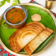 Crispy dosa served with sambar and chutney