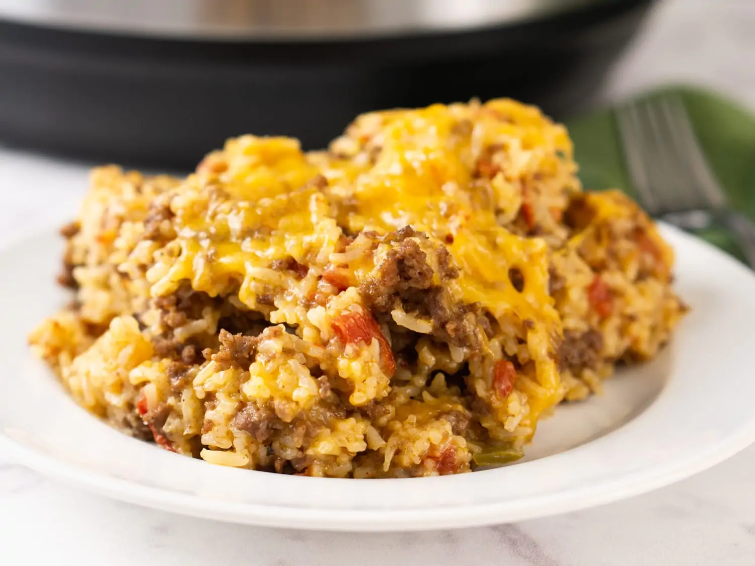 Instant Pot Cheesy Ground Beef and Rice in a plate 