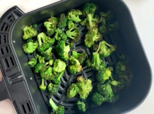 air fried broccoli with some crispy edges