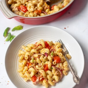 macaroni noodles on a white plate with cherry tomatoes a fork and baking pan in the background