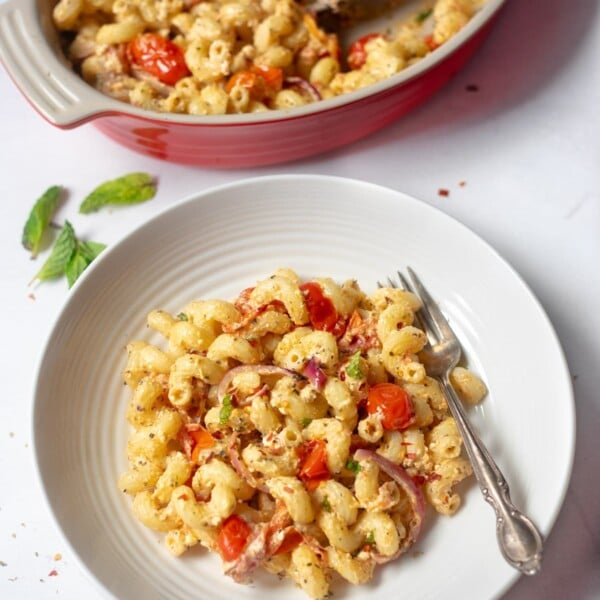 macaroni noodles on a white plate with cherry tomatoes a fork and baking pan in the background