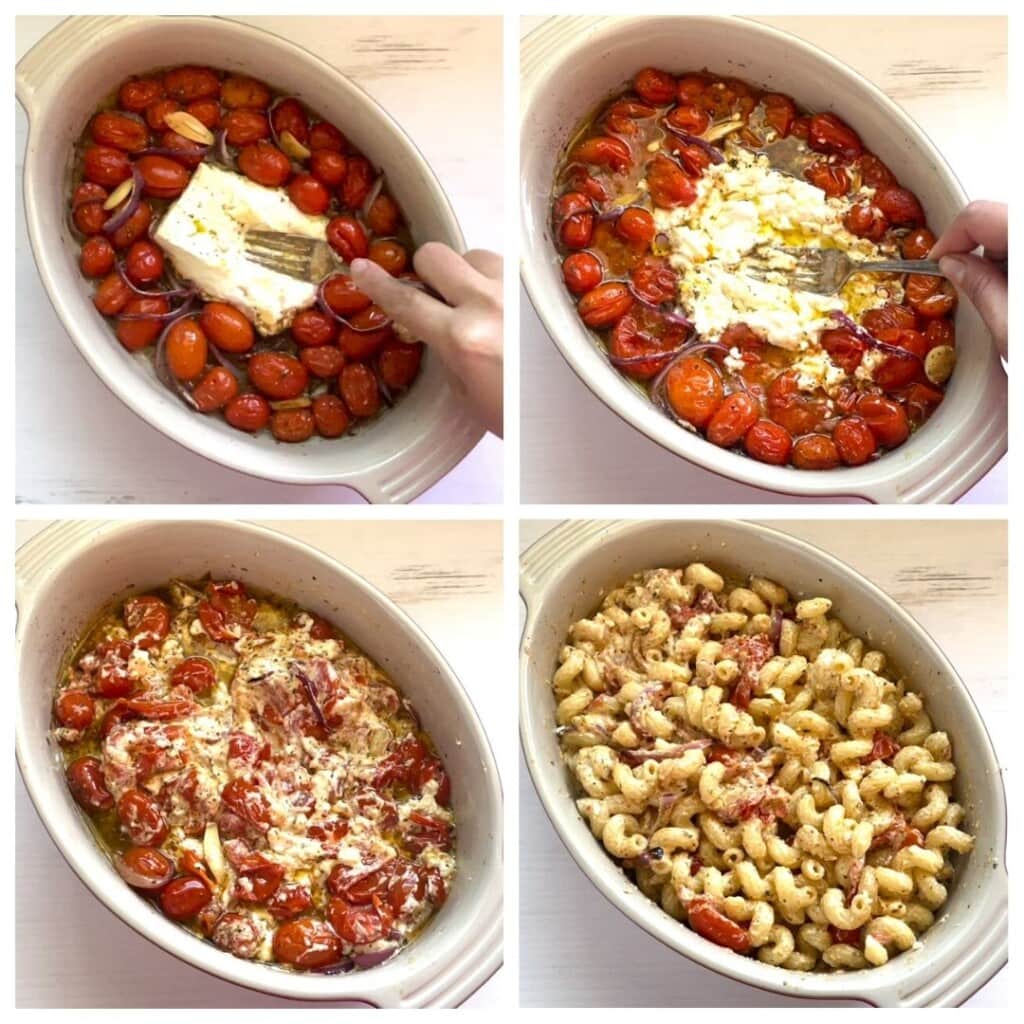 4 picture collage of mixing baked feta cheese into cherry tomatoes and then adding pasta