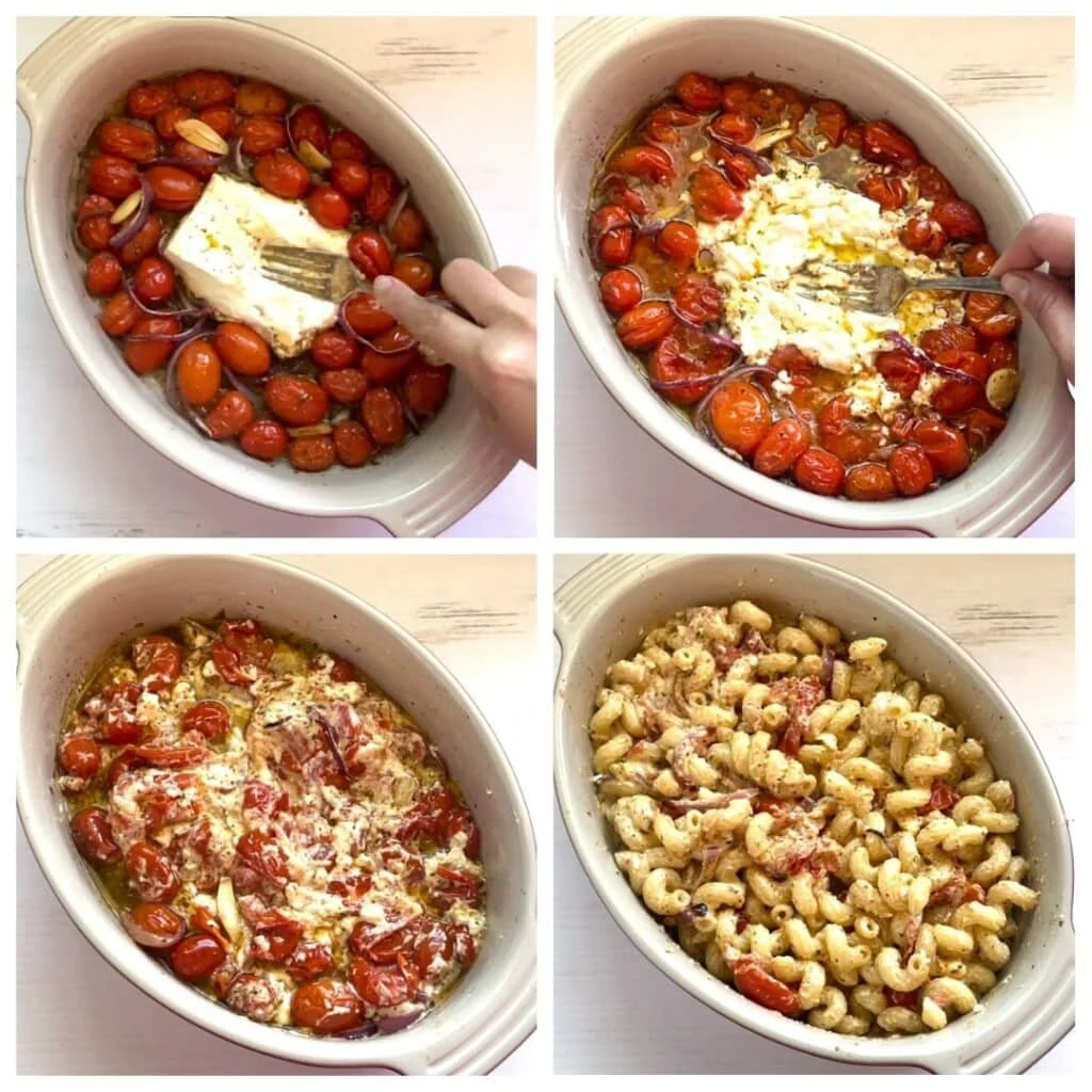 4 picture collage of mixing baked feta cheese into cherry tomatoes and then adding pasta
